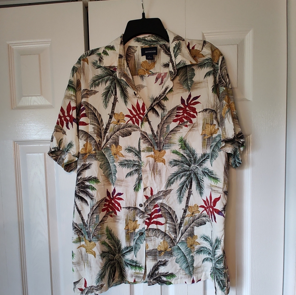 ARTHOUSE Rayon Hawaiian Tropical Print Shirt Palm Trees Size Large